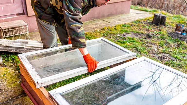 Person adjusting glass lids on wooden cold frames in a backyard during springtime.
