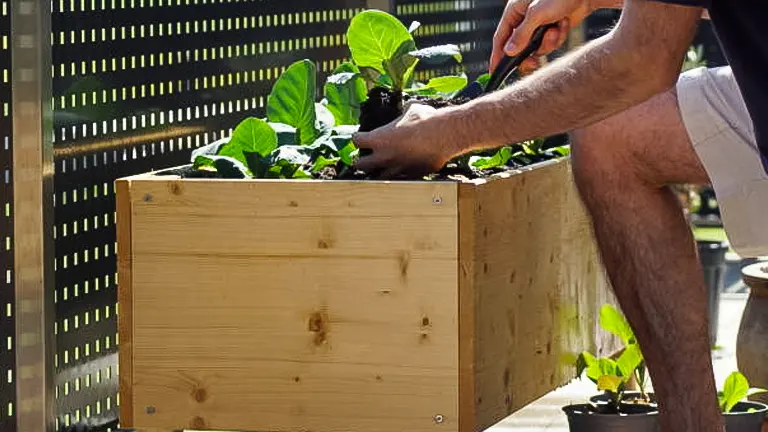 Man planting vegetables in a newly built wooden planter box outdoors.