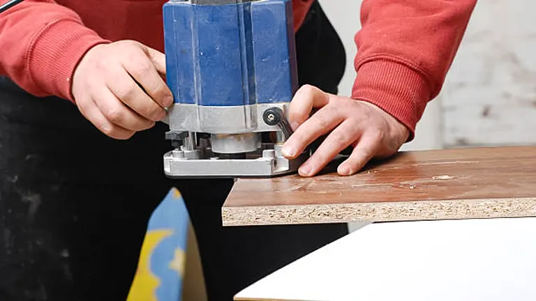 A person using a blue jigsaw to cut through a wooden plank on a workbench.
