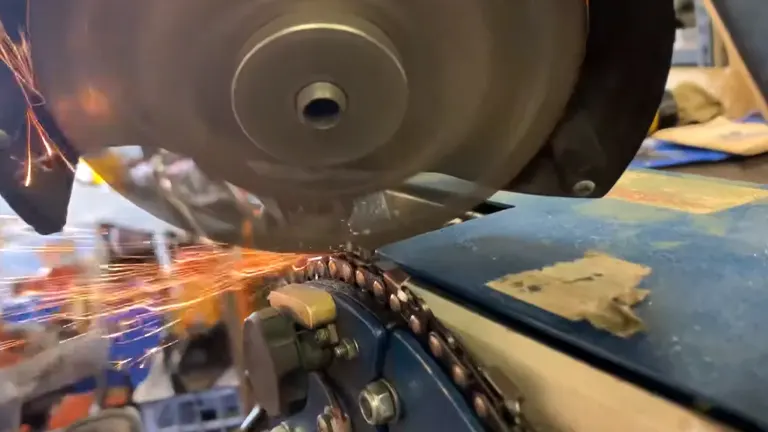 T-Rex Chainsaw Sharpener in action, sharpening a chainsaw chain with sparks flying in a workshop setting