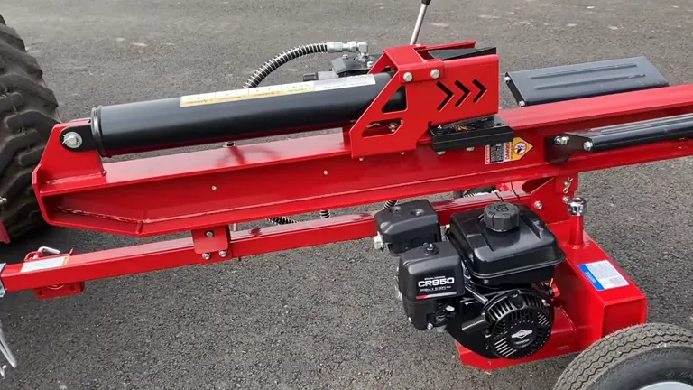 Costco Boss Industrial 27-Ton Log Splitter with a red body and a black engine labeled CR950