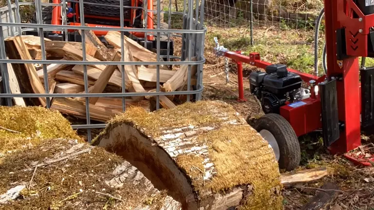 Costco Boss Industrial 27-Ton Log Splitter, a large log, and a metal cage filled with split wood