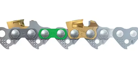 Segment of a low-kickback chainsaw chain showing detailed design and components