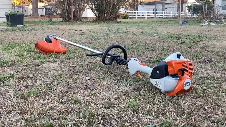 STIHL FS 56 RC-E trimmer on grass showcasing its build and design