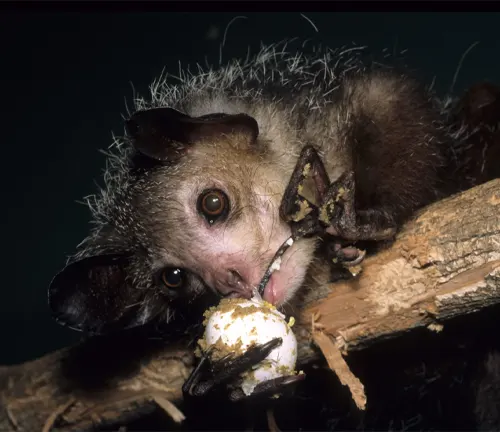 Aye-Aye lemur foraging on a tree branch at night