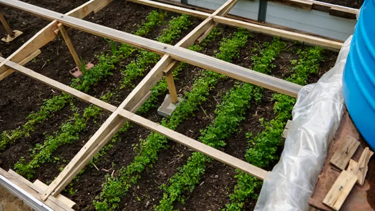 Close-up of a raised wooden garden bed with grid dividers growing dense parsley.