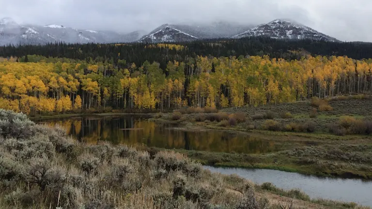 a breathtaking view of Thunder Basin National Grassland during autumn, featuring a serene lake, vibrant foliage, and snow-capped mountains in the background