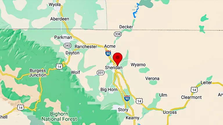 Map showing the location of Sheridan near Bighorn National Forest