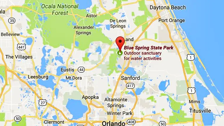 location of Blue Spring State Park, marked with a red pin, northeast of Orlando