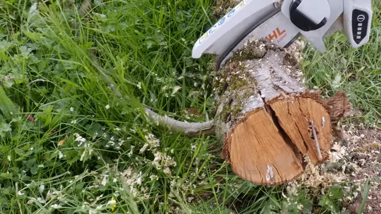 STIHL GTA 26 mini chainsaw cutting through a log