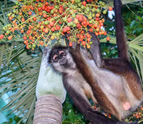 Spider monkey hanging from a tree, reaching for a cluster of berries