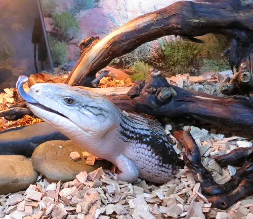 Blue-tongue lizard in a terrarium, illustrating it as a pet