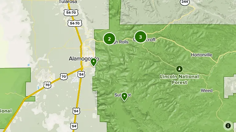 a section of Lincoln National Forest and its surrounding areas, including the towns of Alamogordo and Tularosa to the west, and Hortonville and Weed to the east