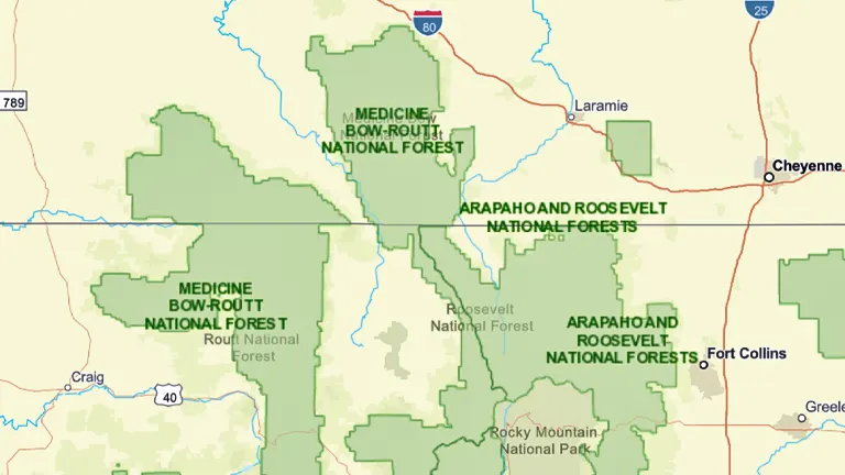 map of Medicine Bow-Routt National Forest and surrounding areas, featuring major roads and nearby cities for navigation