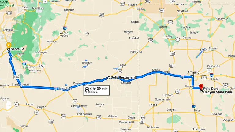 a map displaying the route from Santa Fe to Palo Duro Canyon State Park