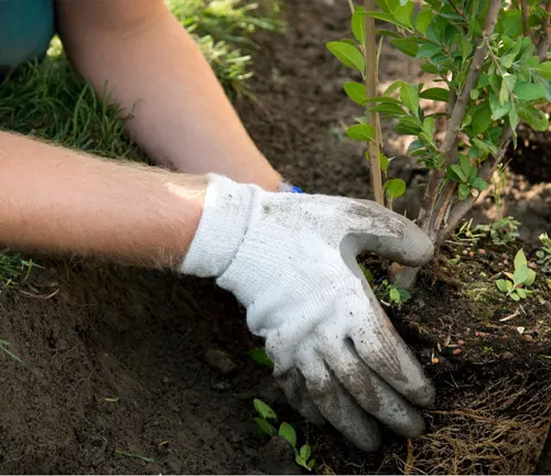 Person in gloves planting a small tree in the soil