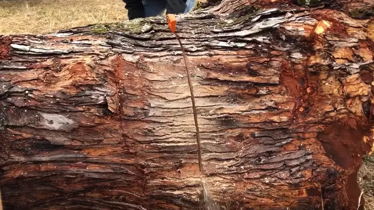Chainsaw cutting through a large tree trunk