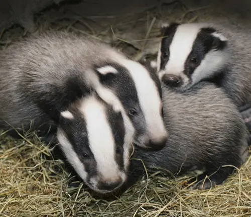 Three European badger cubs nestled together in straw