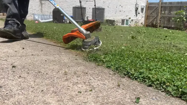 Person using STIHL FS 56 RC-E trimmer to cut overgrown grass