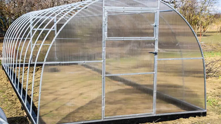 Large tunnel greenhouse made of transparent material over a bare soil base in a sunny field.