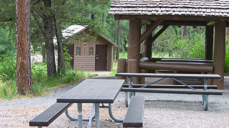 Serene picnic area with a metal table, benches, and a wooden shelter amidst green trees