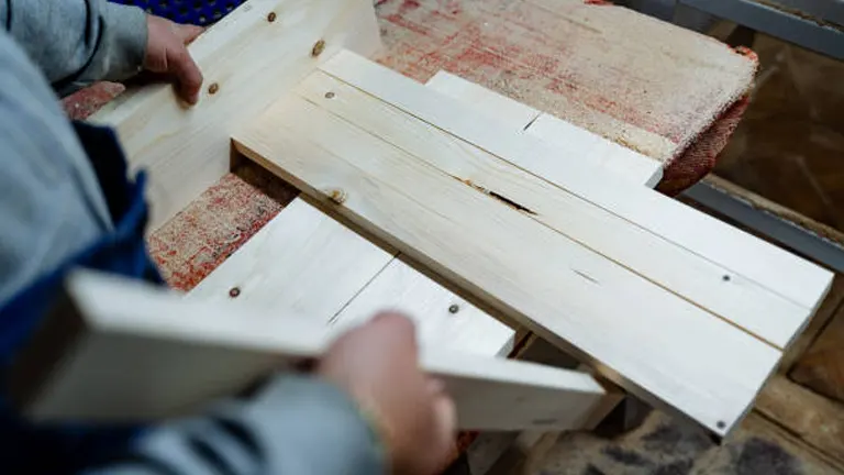 Hands assembling a wooden structure with a screwdriver on a workshop table.