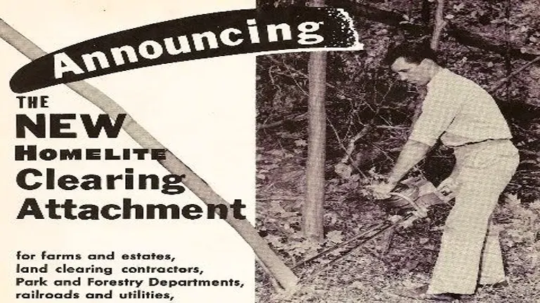 vintage black and white advertisement for Homelite’s Clearing Bar, featuring a man using the clearing attachment to cut through undergrowth in a forested area