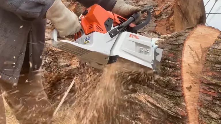 Person using a STIHL MS 881 Magnum Chainsaw to cut a large log