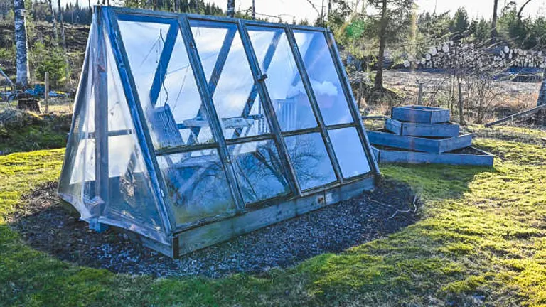 Geometric glass greenhouse on a gravel bed, surrounded by a rural landscape with trees in the background.