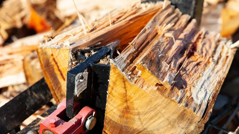 a close-up of a mechanical log splitter in action