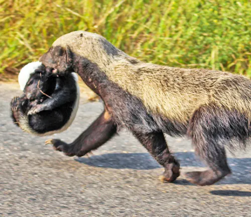 Honey Badger carrying its young across a road