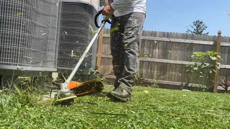 Person using STIHL FS 56 RC-E trimmer near a fence, depicting comfort and convenience