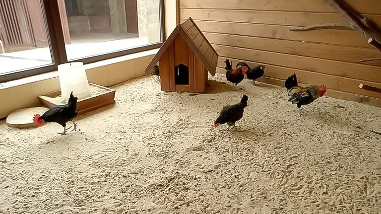 Chickens in a coop with sandy floor and wooden shelter