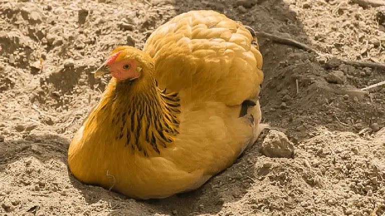 A chicken resting comfortably in a sandy coop