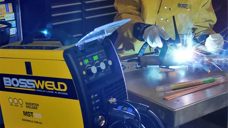 Person using a Bossweld MST-185 Plus 3-In-1 Inverter Welder, with bright welding light, metal rods, and tools on a table