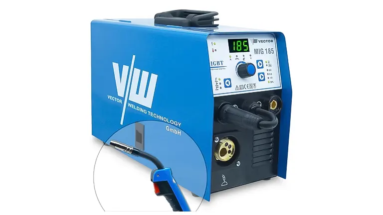 Vector MIG185A welding machine with digital display, control knobs, buttons, and a connected welding gun in a blue casing