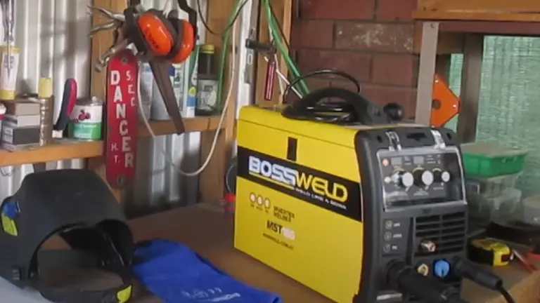 Bossweld MST-185 Plus 3-In-1 Inverter Welder in a cluttered workshop with a welding helmet and various tools