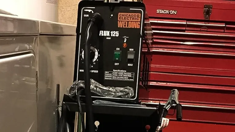 Chicago Electric Flux 125 Welder placed in a workshop, equipped with a gun, wire, and other accessories