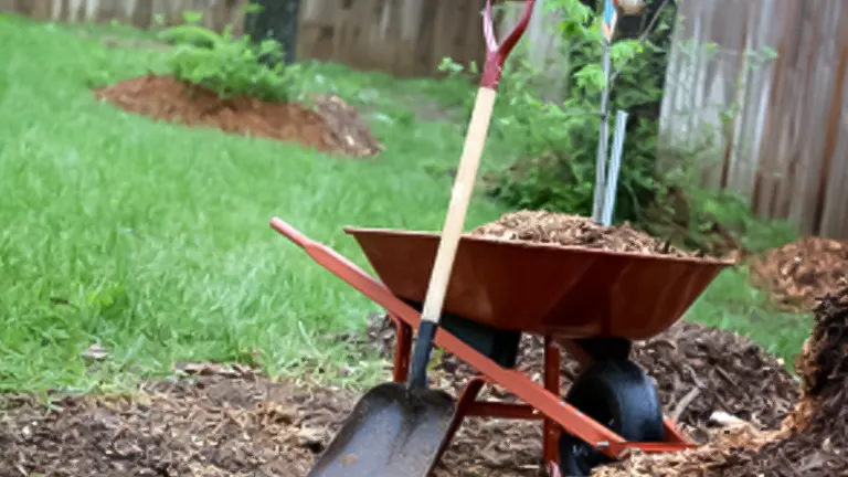 A red wheelbarrow filled with organic mulch, a shovel, and a garden bed