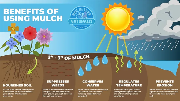  An informative illustration highlighting the five benefits of using 2"-3" of mulch: nourishing soil, suppressing weeds, conserving water, regulating temperature, and preventing erosion