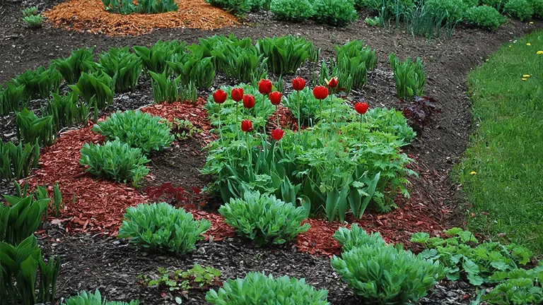 A well-maintained garden with various plants and flowers, including red tulips, surrounded by different types of mulch