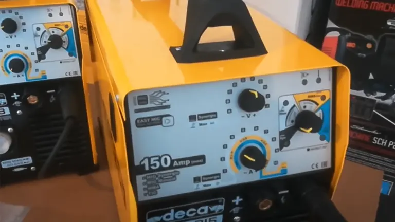 Yellow Deca Miga 215 Multiprocess Welder with control panel and settings displayed