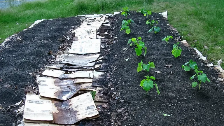 A garden bed with young plants and newspaper mulch