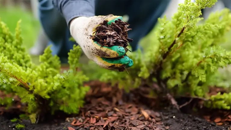 A person applying mulch to a garden bed with green plants