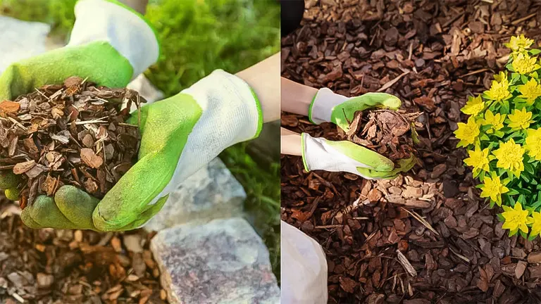 Hands in gloves holding mulch and applying it around a plant