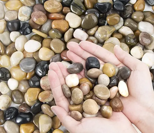 Hands holding a variety of smooth, colorful stones and pebbles