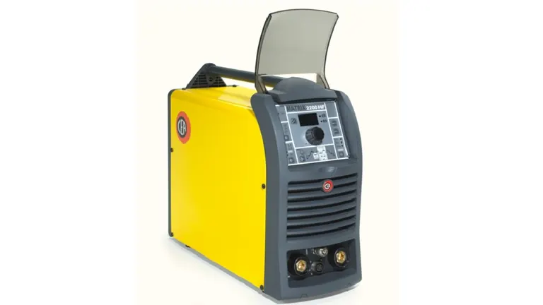 MATRIX 2200 HF welding machine with a yellow and black exterior, digital control panel, and connection ports