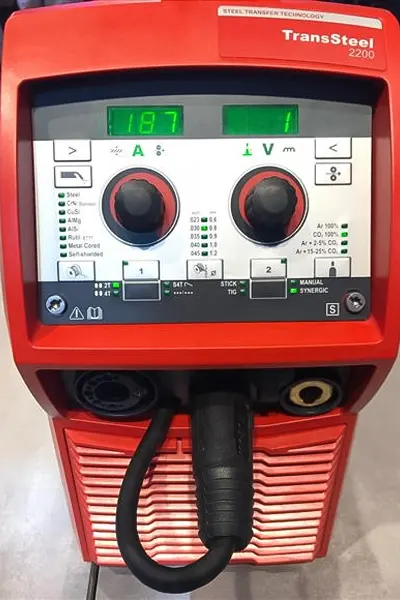 Digital display and controls of a TransSteel 2200 welding machine