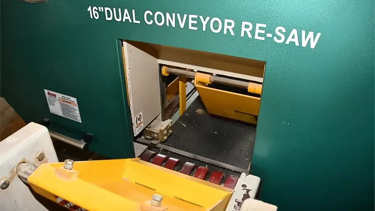 16" dual conveyor re-saw machine, primarily in green and yellow colors
