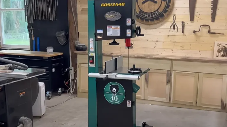 Grizzly G0513A40 17" 2 HP Bandsaw - 40th Anniversary Edition, standing in the center of a woodworking shop